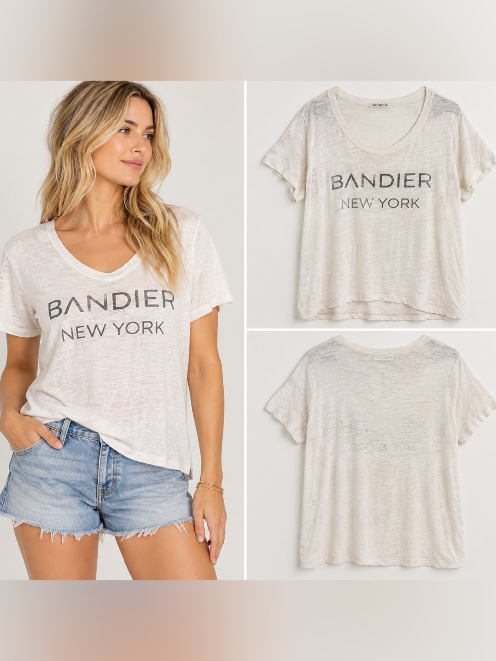 MONROW x Bandier New York 100% Linen Graphic Tee M White